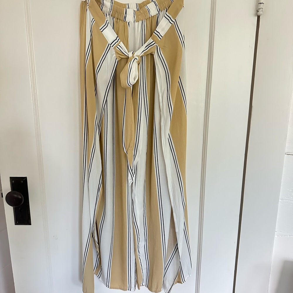 Faithfull The Brand, Tan and White Striped Pants with tie, Size 6
